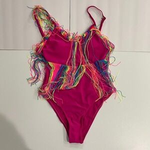 Hot Pink Rainbow Fringe One Piece Swimsuit Women's Beach Pool Vacation Swimwear